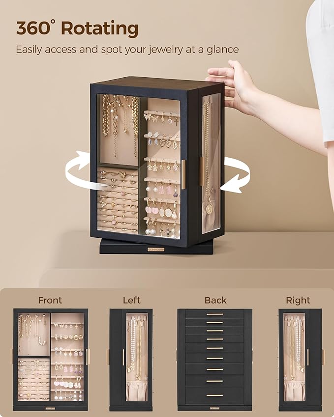 360° Rotating Jewelry Box with 9 Drawers, Spacious Vertical Jewelry Organizer with Glass Window, Jewelry Storage Case, Dustproof & Moisture-resistant Design, Black