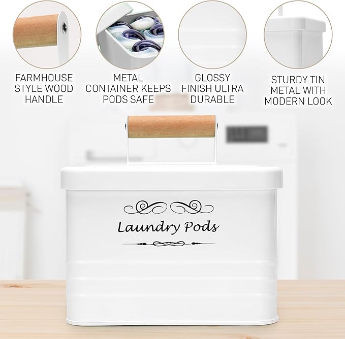 ELITAPRO Laundry Pods Container, Modern Farmhouse Laundry Pods Holder, Metal Box Dispenser with Lid, Laundry Room Decor and Accessories