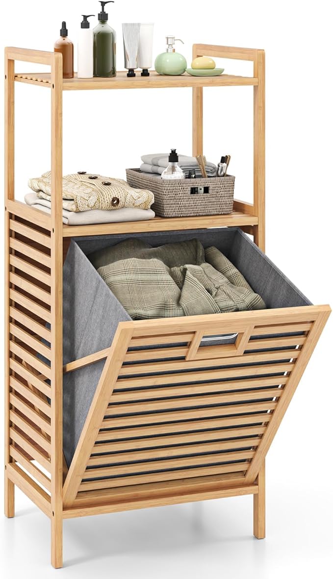 Giantex Tilt Out Laundry Hamper, Bamboo Laundry Storage Cabinet w/ 2-Tier Storage Shelves, Foldable & Removable Basket, Freestanding Laundry Basket Organizer for Bathroom Laundry Room Bedroom