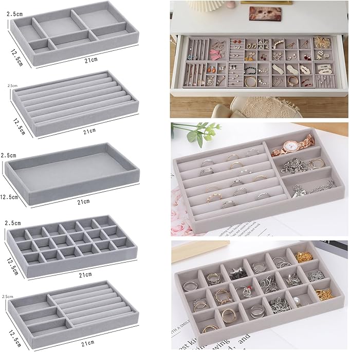 10 Pack Jewelry Organizer Tray Drawer Inserts Stackable Velvet Liner Dividers Customizable Jewellery Box Foam Ring Earring Holder Necklace Bracelet Storage Display Dish Flat in Dresser Vanity