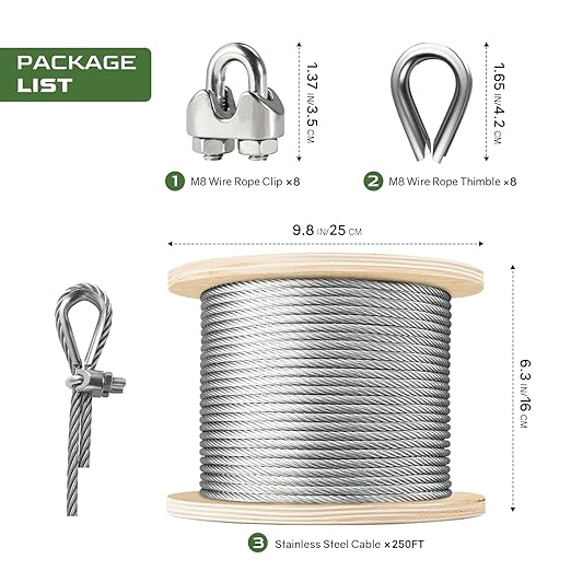 NEREUS 1/4" Stainless Steel Cable 250FT, 7x19 Strand Heavy-Duty Wire Rope with Clamps & Thimbles, 6400 lbs Breaking Strength for Backyard Zipline, Deck Railing, Clothesline and Outdoor Use