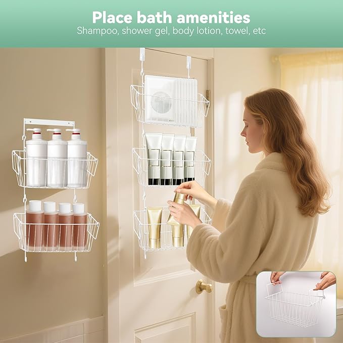 Over The Door Organizer – 5 Removable Hanging Baskets, Back of Door Storage for Bathroom, Kitchen, Pantry & Garage, No Tools Needed, 3 Installation Methods (Wall/Door Mount) White