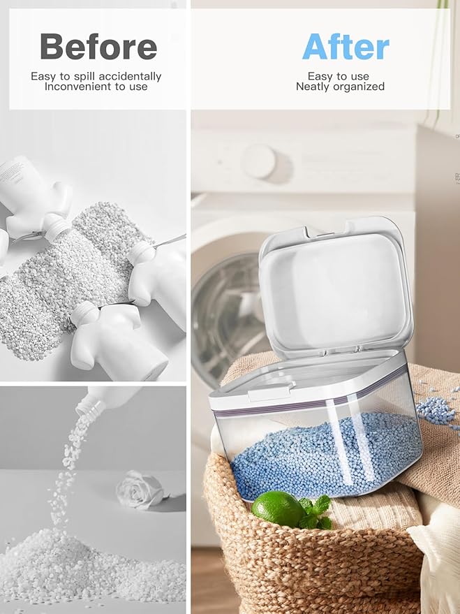 LivLab Mker 4 Pack Laundry Detergent Dispenser with One-Press Lid, Clear PET Powder container with Measuring Cup, Pods container set of 4