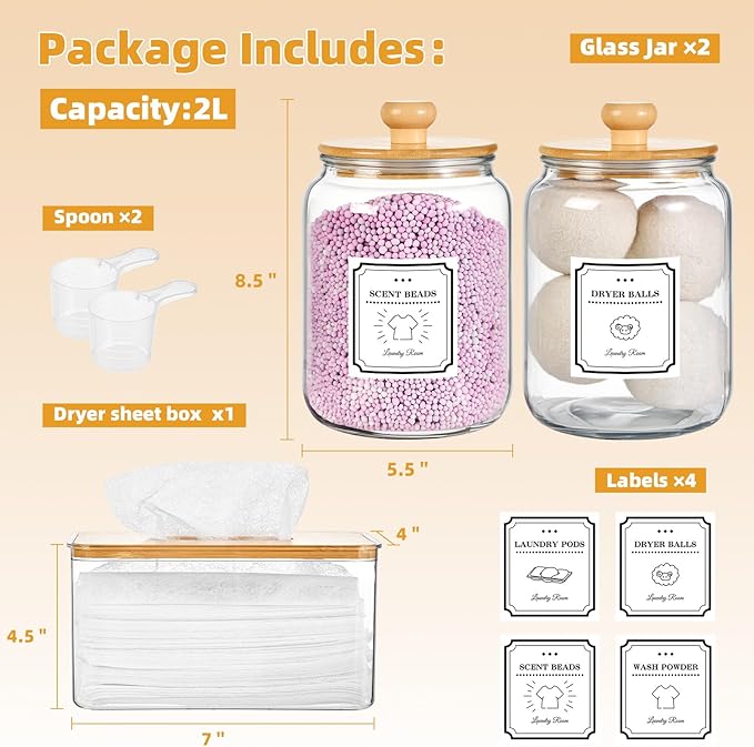 SUBEKYU Laundry Pod Containers and Dryer Sheet Holder with Lids Laundry Detergent Sheets Dispenser Laundry Room Organization Storage Box for Powder,Scent Booster Beads,Dryer Balls,Bath Salt