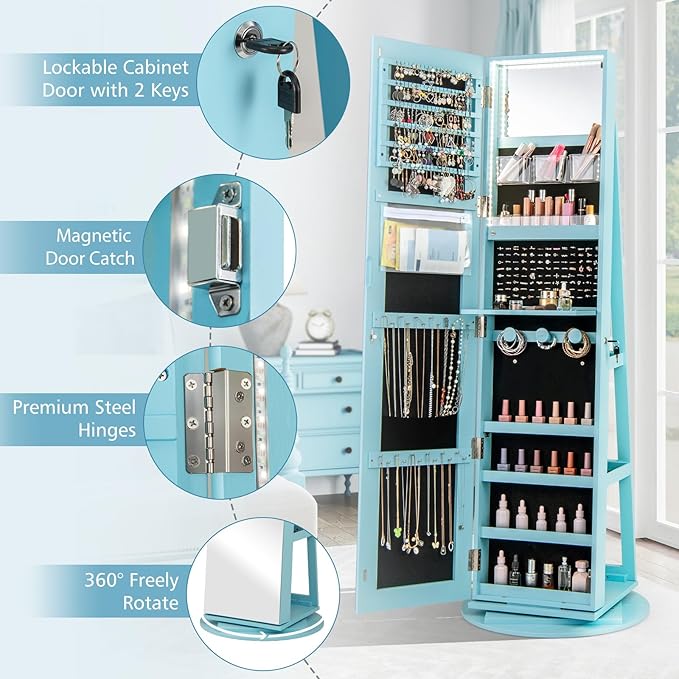 CHARMAID 360° Swivel Jewelry Armoire with Full Length Mirror, Rear Storage Shelves, Lockable Standing Jewelry Cabinet Organizer with Interior Vanity Mirror and 3-Color Lights (Sky Blue)