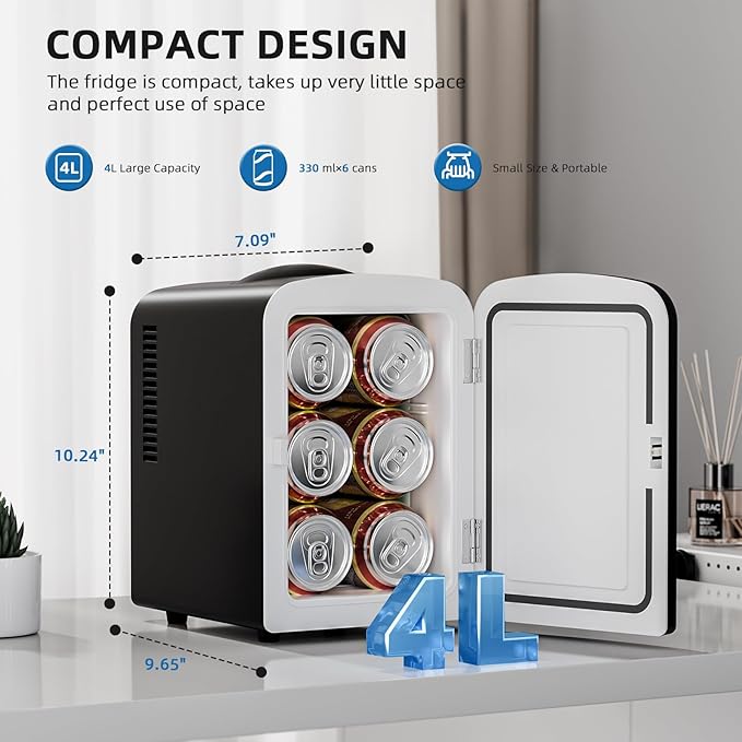 Compact Refrigerator, Portable Mini Fridge, Skin Care 4L Capacity/6 Cans, for Bedroom, Car, Office & Dorm, Small Cooler for Cosmetics, Beverage and Food, Black