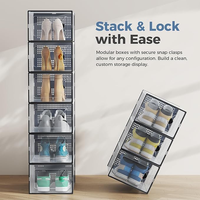 DUMOS Stackable Shoe Storage Boxes, 15-Pack Plastic Shoe Organizers with Lids, Large Shoe Rack & Holder for Closet, Under Bed, Entryway, Sneaker Display and Storage Containers, Black
