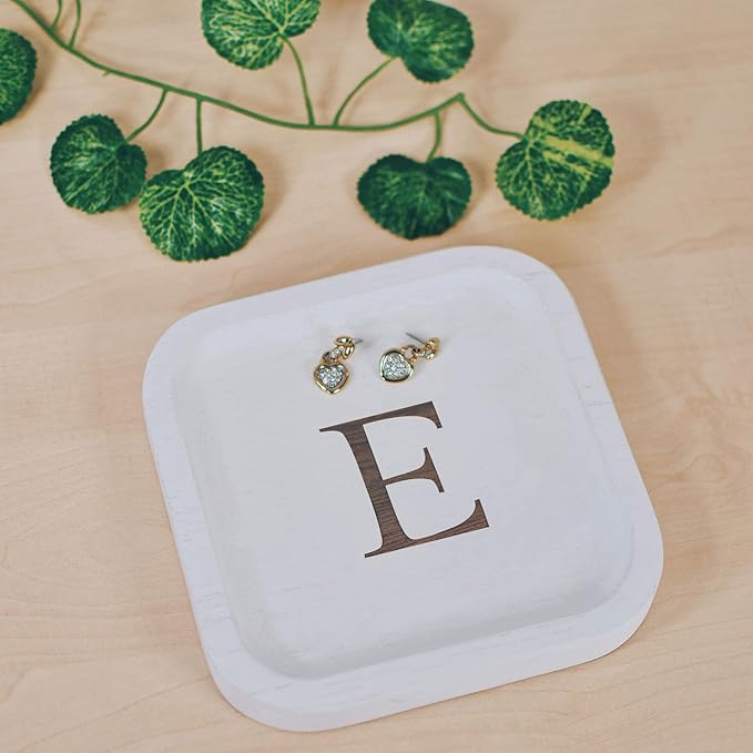 I'm Wooden Personalized Letter Catchall Valet Tray Trinket Dish Jewelry Tray Key Bowl Decorative Plate Organizing Ring Earrings Necklaces Bracelet Watch Coins Wallet Holder (6"x6" Sq White E)