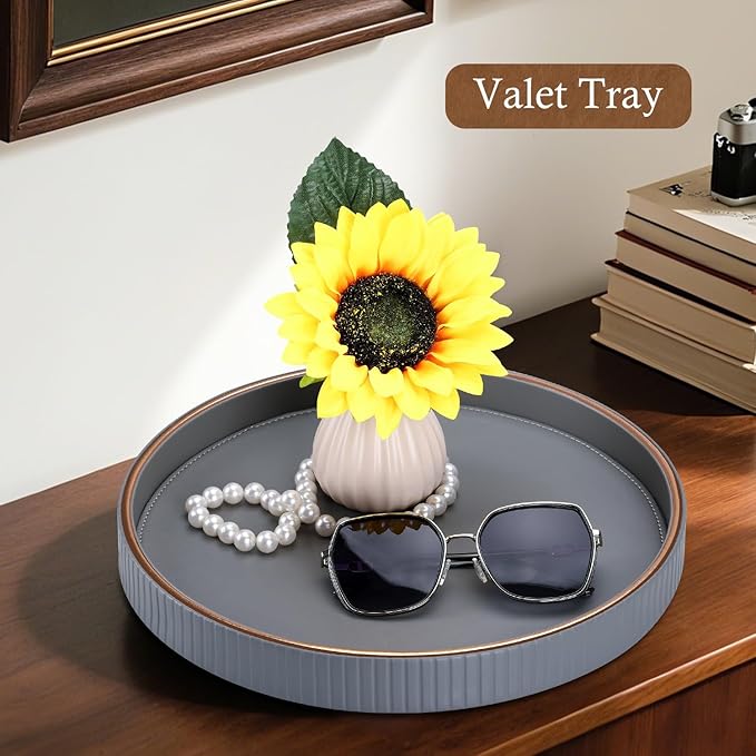 GORESE 12" Round Coffee Table Tray for Home Decor, PU Leather Decorative Serving Tray for Home & Entryway Tables, Perfume and Jewelry Tray for Dresser & Nightstand, Gray