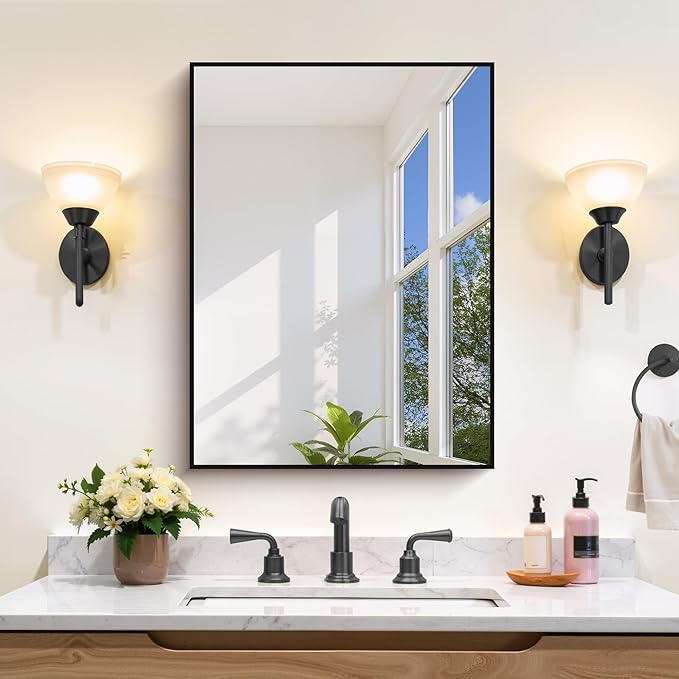 Black Bathroom Mirror for Wall, 18x24 Inch Rectangle Mirror with Metal Frame, Modern Vanity Mirrors for Bathroom Living Room, Entryway Hangs Horizontal or Vertical