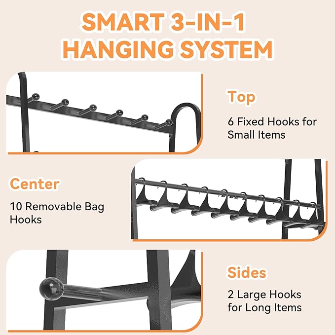 KAFAHOM Purse Organizer for Closet, Purse Rack - Tall Purse Shelf with 8 Hooks & 10 Removable Hangers to Hold Handbags, Backpacks, Pocketbooks., Perfect Purse Display Stand & Storage Tree,Black