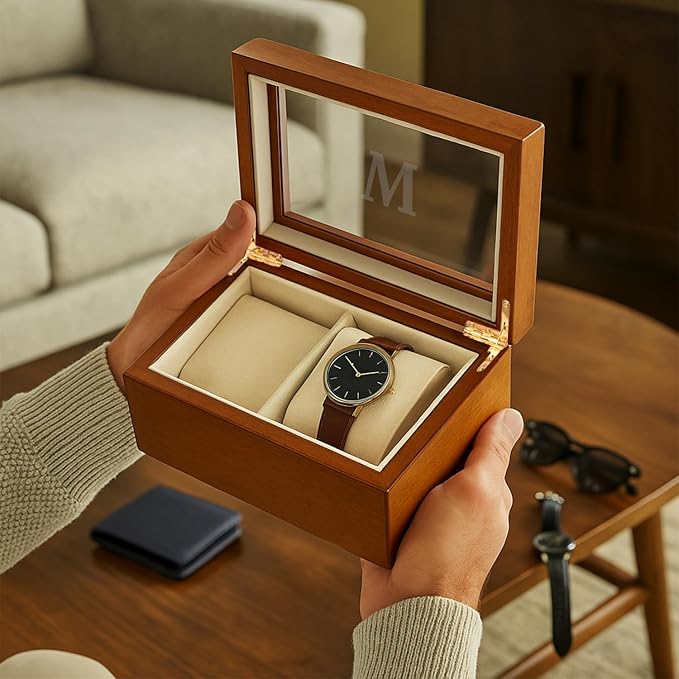 Bey-Berk Personalized Marquess 2-Slot Watch Box, Custom Glass-Top Solid Wood Watch Display Case with Velour-Lined Cushions, 6" x 4.5" x 3.25"