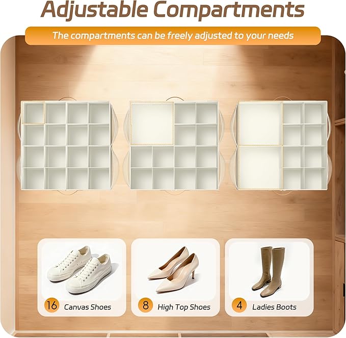 Shoe Organizer for Closet, 1 Pack Foldable Shoe Storage Organizer Box with Adjustable Dividers and Clear Cover, Space Saving Shoe Box with Reinforced Handles, Fits 8-16 Pairs, White