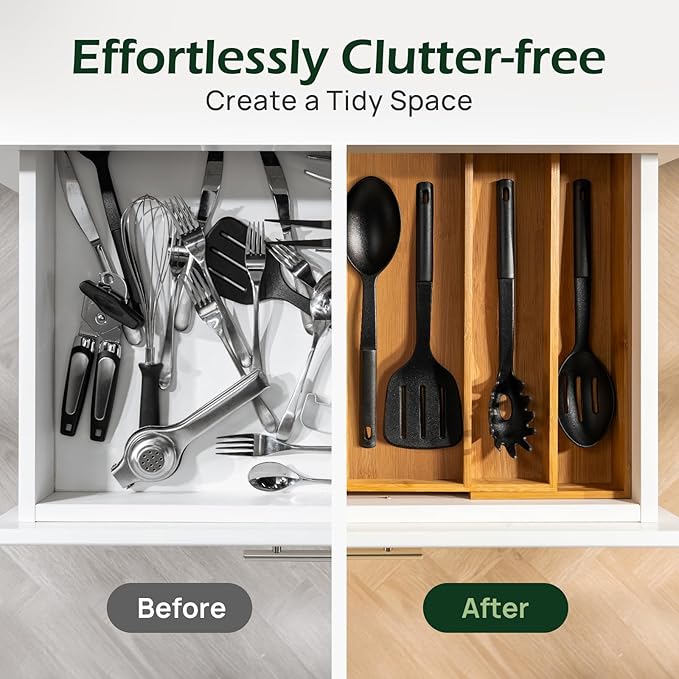Carbonized Bamboo Kitchen Drawer Organizer, 5 Slots Expandable Silverware Organizer, Utensil Holder & Cutlery Tray, 2.2" Deep for Extra Capacity, Non-Slip Feet Included