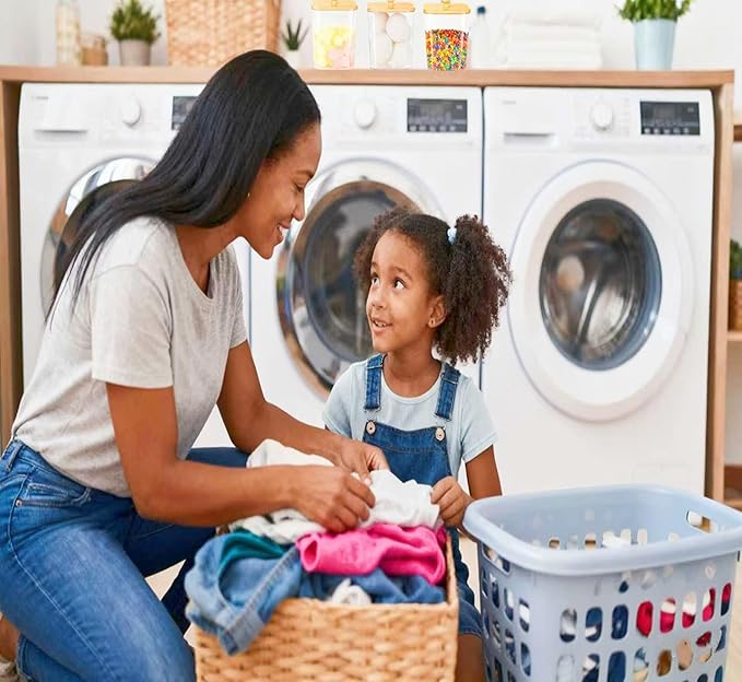 4+2-Piece Laundry Storage box: Includes transparent laundry pod storage box (with wooden lid and label) and liquid detergent container. Suitable for fabric softener, powder detergent, and laundry pods