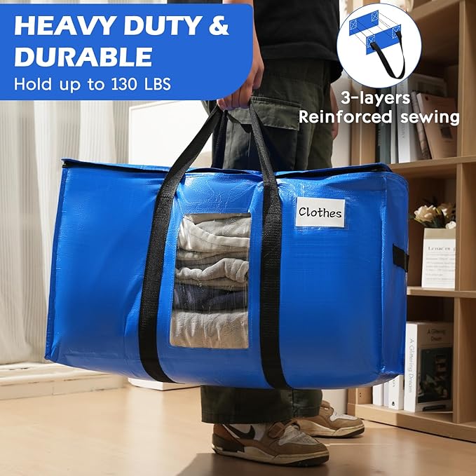 12 Pack Extra Large Moving Bags,Christmas Decoration Storage Bins,37Gallon Heavy Duty Storage Totes with Visible Window & Tag Pocket,Moving Boxes Alternative,Packing Bags For Dorm Closet RV(Blue)