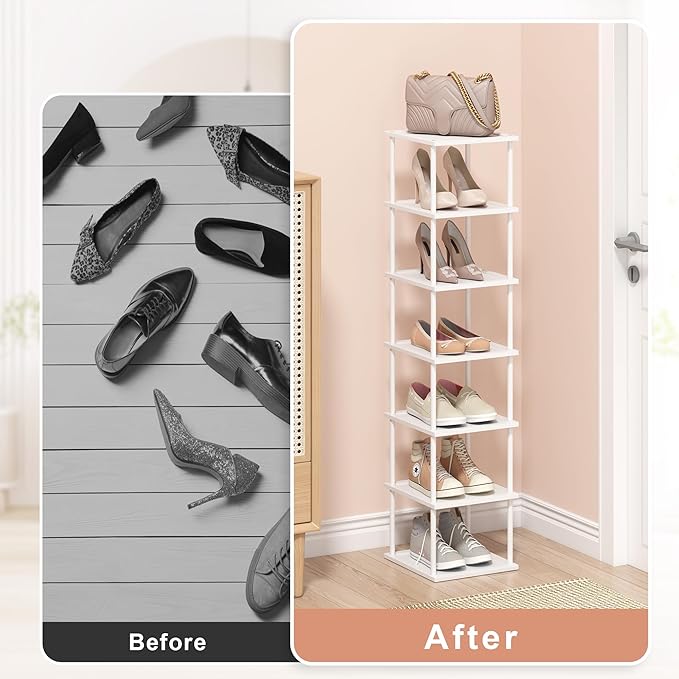 Bamboo Free Standing Shoe Rack Shelf Multi Tier Tall Wooden Stackable Shoes Rack Organizer for Closet Front Door Entrance Narrow Vertical Shoe Storage (White, 7 Tiers)