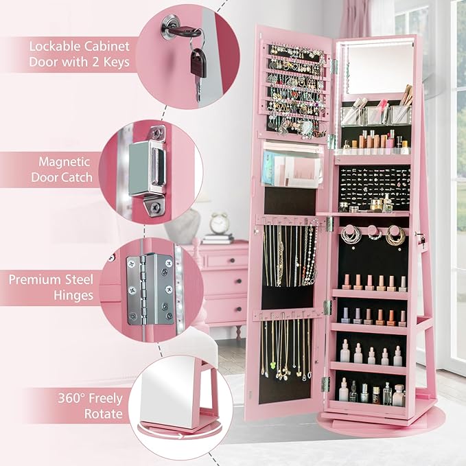 CHARMAID 360° Swivel Jewelry Armoire with Full Length Mirror, Rear Storage Shelves, Lockable Standing Jewelry Cabinet Organizer with Interior Vanity Mirror and 3-Color Lights (Pink)