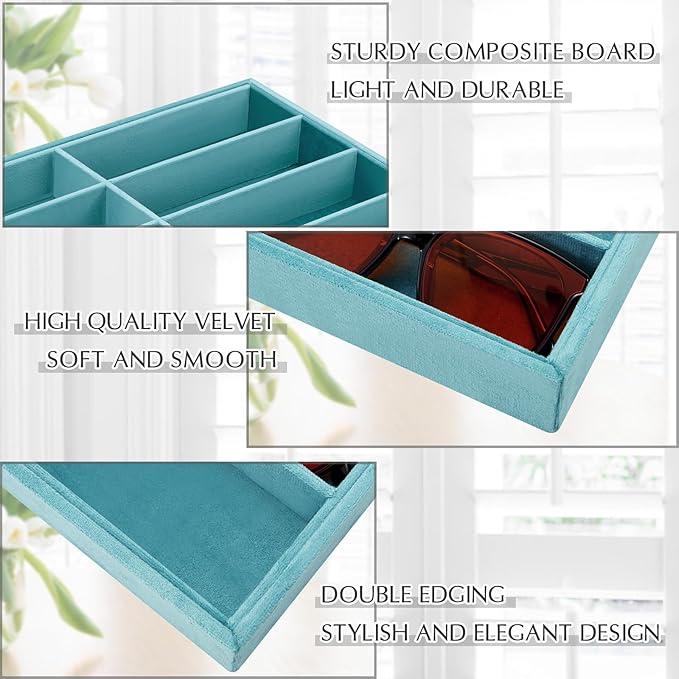 Amylove 2 Pcs Sunglass Organizer Trays Glasses Stackable Jewelry Trays Sunglass Organizer Display Box(8 Grids,Light Blue)