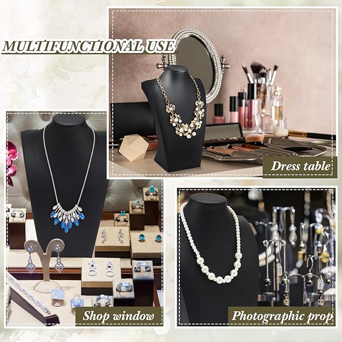 Kigley 3 Pcs Black PU Leather Jewelry Bust Display Stand Necklace Mannequin Holder for Jewelry Displays (13.4 x 8.1 Inch)
