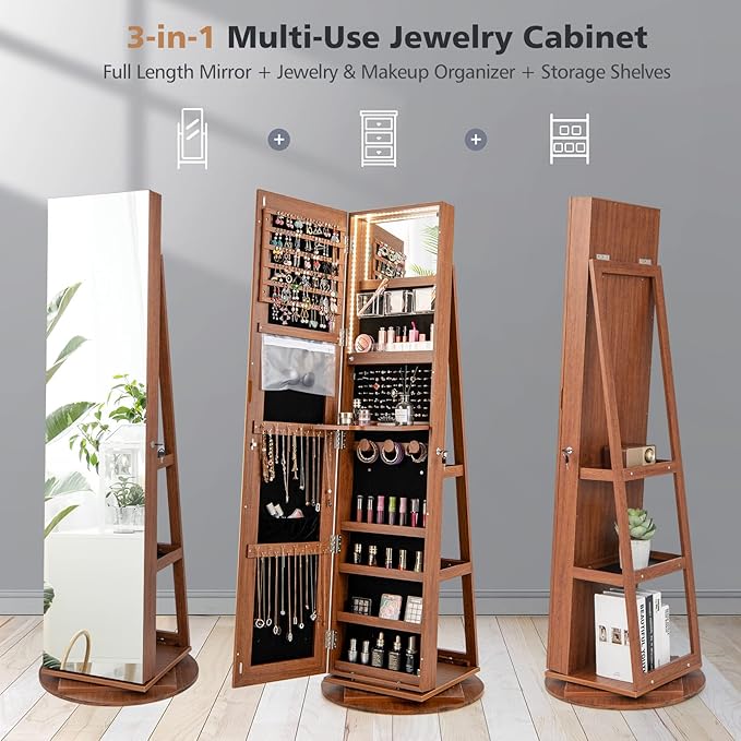 CHARMAID 360° Swivel Jewelry Armoire with Full Length Mirror, Rear Storage Shelves, Lockable Standing Jewelry Cabinet Organizer with Interior Vanity Mirror and 3-Color Lights (Walnut)
