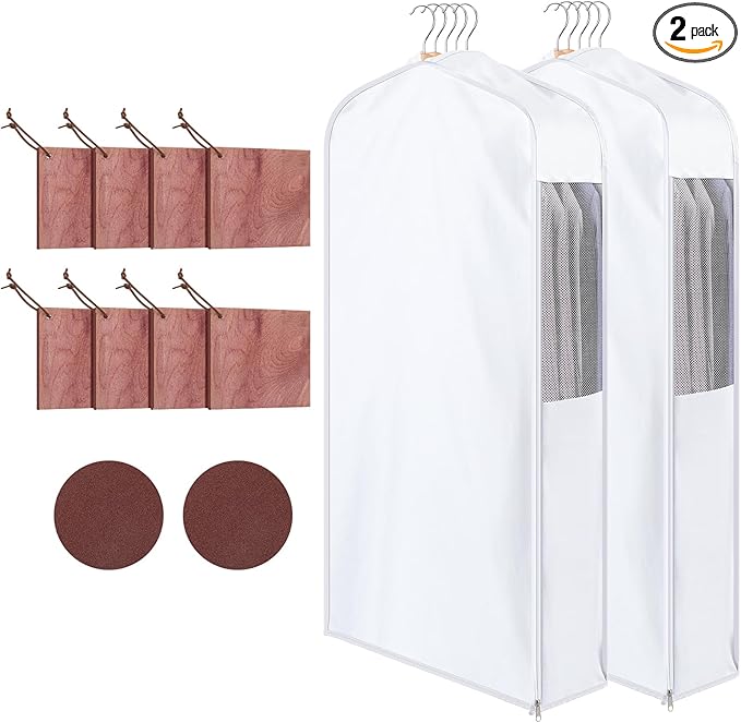 2 Sets 40'' x 24'' x 10'' Short Cotton Garment Bags for Hanging Clothes and Storage, 8 Cedar Blocks for Fresh Smell and Moth Protection, Breathable Covers for Closet Suits Fur Coats Sweaters