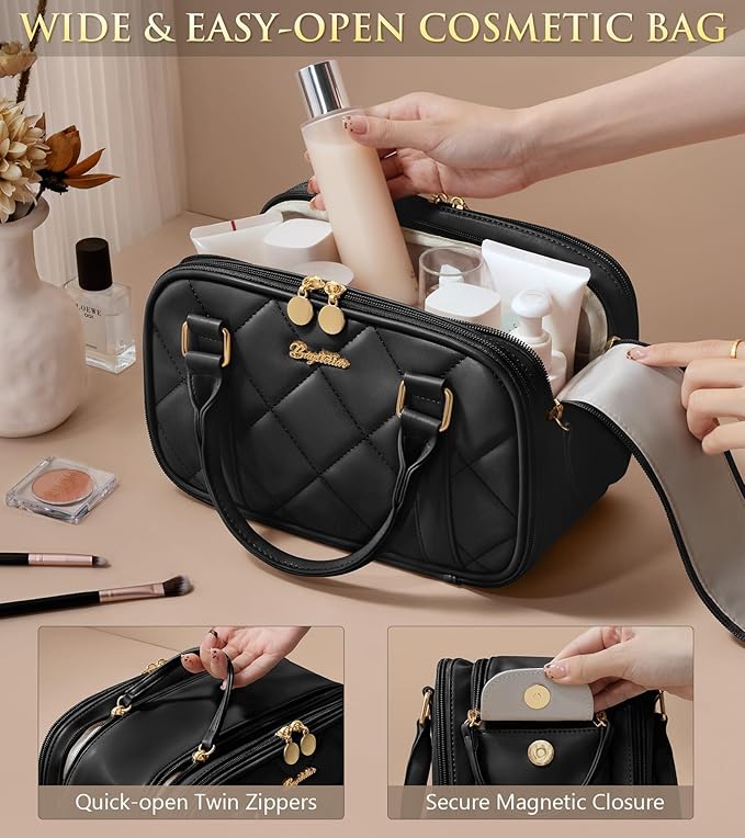 Travel Makeup Bag, Large Capacity Quilted Toiletry Bag for Women Stand-up Cosmetic Bag Open Flat Make Up Case Organizer Portable Pouch Purse w/Handle for Traveling Accessories, Black