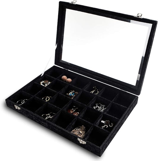 Frebeauty 24 Grid Earring Holder Organizer Tray, Jewelry Organizers and Storage for Drawer,Velvet Jewelry Display Storage for Earrings,Rings,Studs,10.5 x 6.5 x 1.2 Inches Gift for Women (Black)