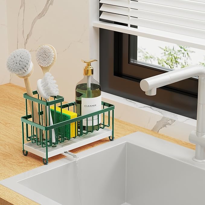 Cisily Sponge Holder for Kitchen Sink, Sink Caddy Organizer with High Brush Holder, Kitchen Countertop Organizers and Storage Essentials, Rustproof 304 Stainless Steel (Dark Green, 9.25″)