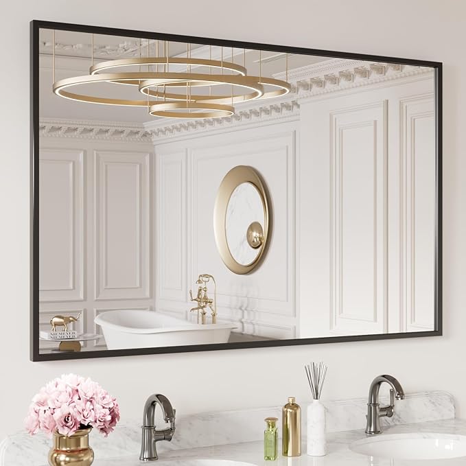 LOAAO 50"X30" Black Rectangle Bathroom Mirror Wall, Matte Black Aluminum Alloy Frame, Tempered Glass, Hangs Vertically or Horizontally, Easy to Install