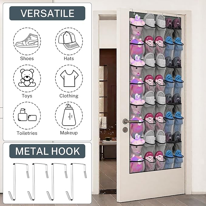 40-Pocket Over the Door Shoe Organizer - Large Mesh Pocket Hanging Shoe Organizer,Behind the Door Shoes Storage Holder Hanger,Large Capacity Design for Dorm Room College,Store 20 Pairs(Grey)