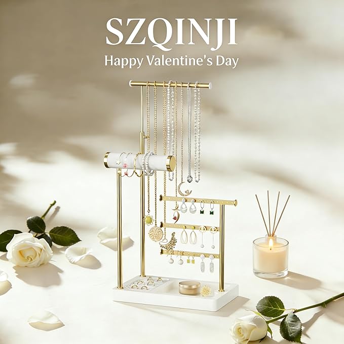 SZQINJI 5 Tier Jewelry Holder Organizer, Gold Jewelry Stand with Velvet Bracelet Holder, Adjustable Height Jewelry Display for Necklaces, Bracelets, Earrings, Rings, Gift Idea for Women, White