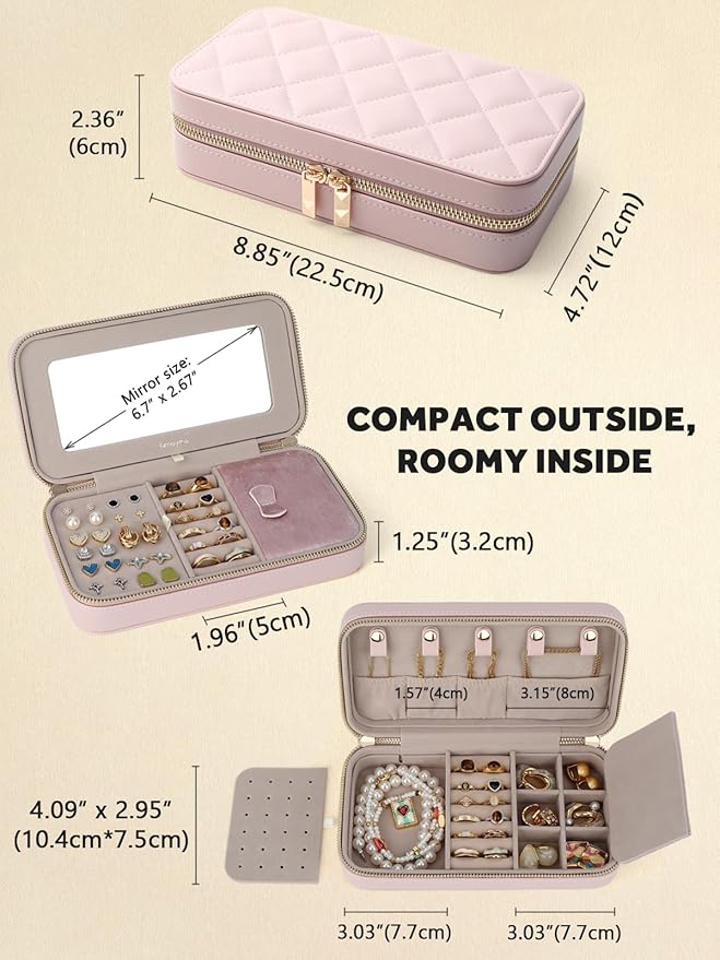 Travel Jewelry Case with Mirror, Quilted Small Jewelry Box Organizer for Women Girls, Portable Earring Necklace Bracelet Ring Holder Storage for Travel, Gifts for Her (Blush Pink)
