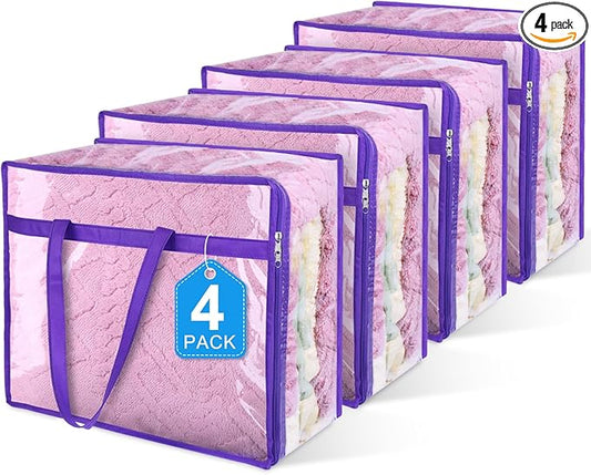 4 Pack Clear Zippered Storage Bags for Clothes, Closet Organizers and Storage Vinyl Bag for Bedding, Linen, Blankets, Comforters, Clothes & Toys Multi Purpose & Space Saver PVC Organizers