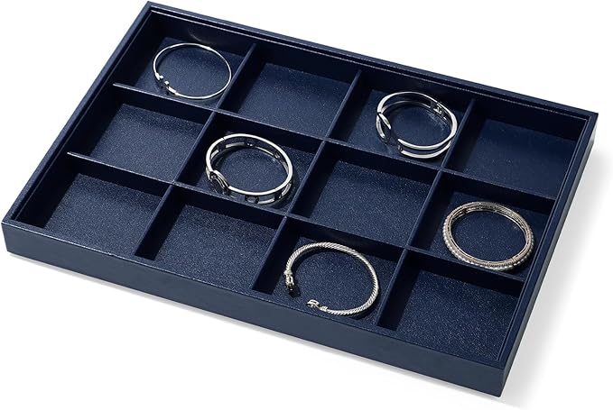 Blue Leather Jewelry Trays Bracelets Tray Stackable Jewelry Organizer Trays for Drawer 12 Grids Bracelet Holder For Bracelet Bangle Earrings Watches Storage(Blue)