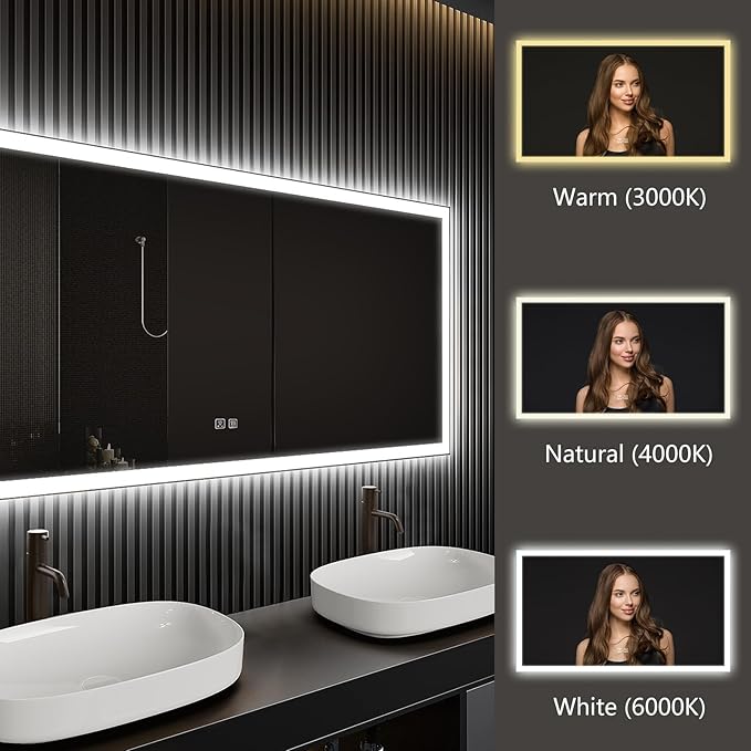 APRILSOUL 72x30 Inch LED Mirror for Bathroom, Led Vanity Mirror with Front and Backlit, 3 Color Lights, Memory Function, Anti-Fog and Dimmable Light (Horizontal/Vertical)