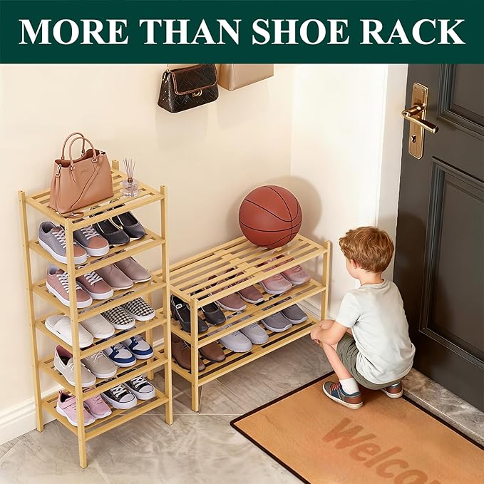 Smiry Bamboo Shoe Rack 2-Tier, Stackable Wooden Shoe Organizer for Entryway & Closet, Free Standing Wood Shoe Storage Shelf for Front Door & Small Spaces, Natural