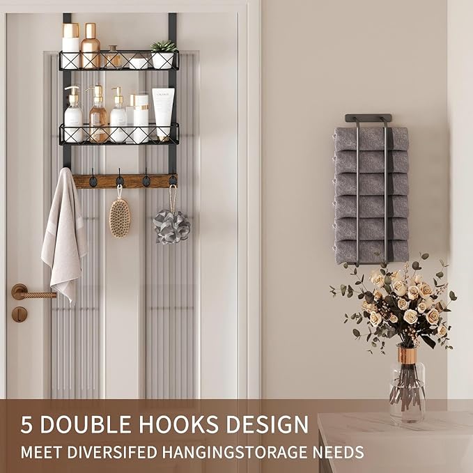 YINMIT Over The Door Hooks Organizer, Over Door Storage with 5 Hooks and 2 Mesh Baskets, Door Hanger Hook, Over The Door Towel Rack, Over Door Hanger for Bathroom, Bedroom, Kitchen
