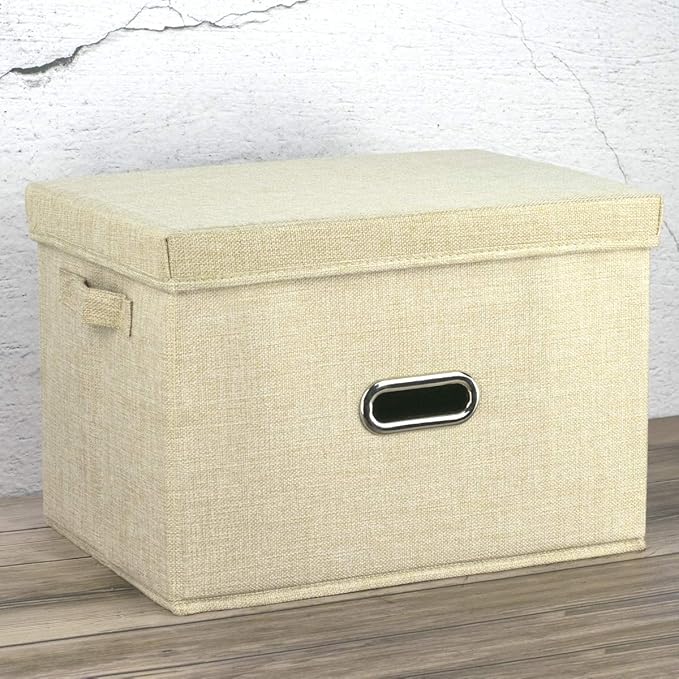 Large Capacity Linen Fabric Storage Bin for Clothes Storage, Toy Organizer Storage Cube, Foldable Box with Removable Lid, 15" x 11" x 10.2", Beige