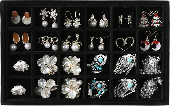 Frebeauty 24 Grid Earring Organizer Tray,Velvet Earring Holder Organizer with Removable Dividers,Jewelry Tray for Rings Studs,Jewelry Organizers and Storage for Drawer Vanity,10.5 x 6.5 x 1.2 Inches