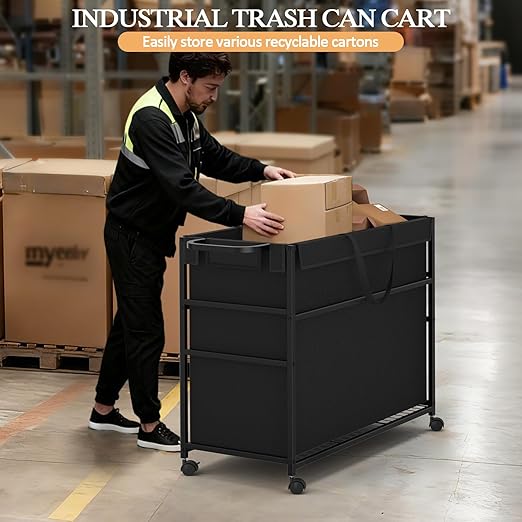 Commercial Trash Can Cart, 51.5Gal Office Trash Cart (2 Lockable), Recyclable Cardboard Box/Paper Organizer, Large-Capacity Laundry Cart for Hotel/Office/Home/Nursing Home/Groceries/Supplies