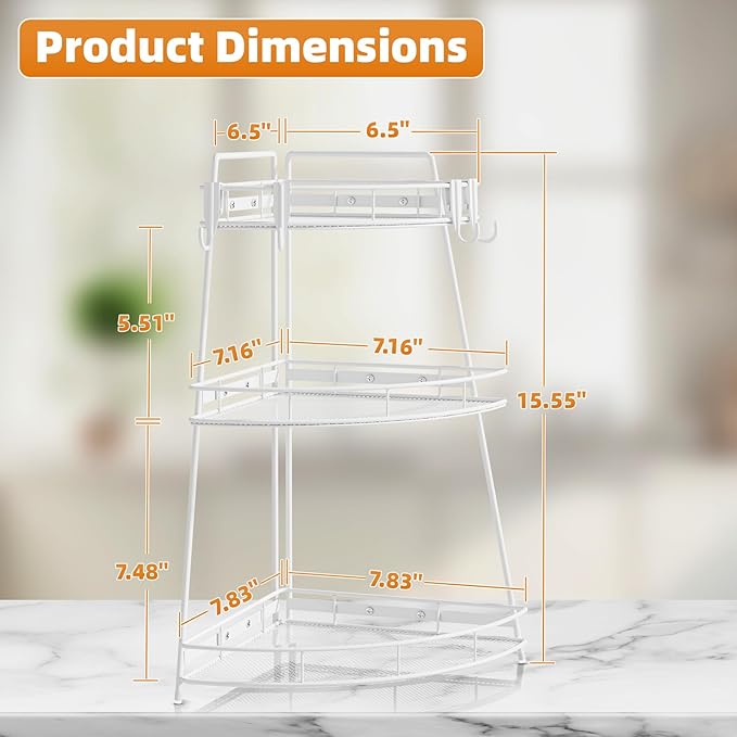 VITVITI 3 Tier Corner Bathroom Counter Organizer, Metal Bathroom Countertop Organizer Shelf Storage, Bath Room Sink Makeup Organizers for Vanity Skincare with Hooks, White