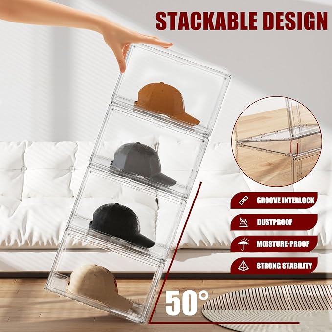 2 Pack Hat Organizer for Baseball Caps, Stackable Hat Storage Box, Acrylic Cap Display Case with Magnetic Door, Cap Holder Container for Closet, Each Holds 10 Hats Clear