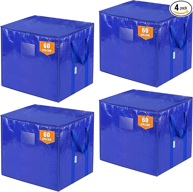 TICONN 4 Pack Extra Large Moving Bags with Zippers & Carrying Handles, Heavy-Duty Storage Tote Moving Boxes for Space Saving (4 PK, 60 Gallon)