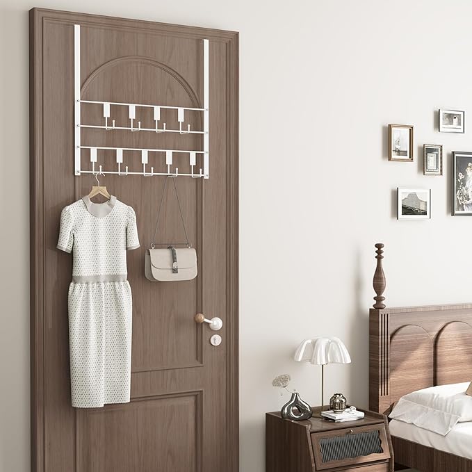 Over The Door Hooks, Over Door Hanger 9 Hooks, Coat Rack and Towel Rack for Hanging Clothes, Door Towel Hanger and Holder for Bathroom Organizer, Bedroom and Kitchen White