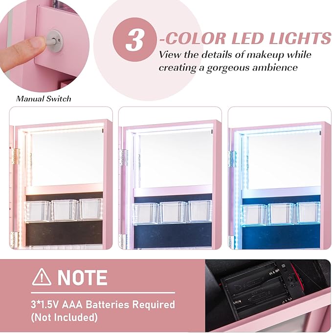 GOFLAME 360° Rotating Jewelry Cabinet with Full-Length Mirror, Freestanding Jewelry Armoire with 3-Color LED Light and Back Storage Shelf, Lockable Jewelry Organizer for Bedroom Cloakroom, Pink