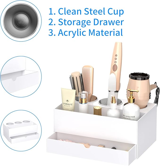 NIUBEE Hair Tool Organizer, White Acrylic Hair Dryer and Styling Organizer with Drawer, Bathroom Countertop Blow Dryer Holder, Vanity Caddy Storage Stand for Accessories, Makeup, Toiletries