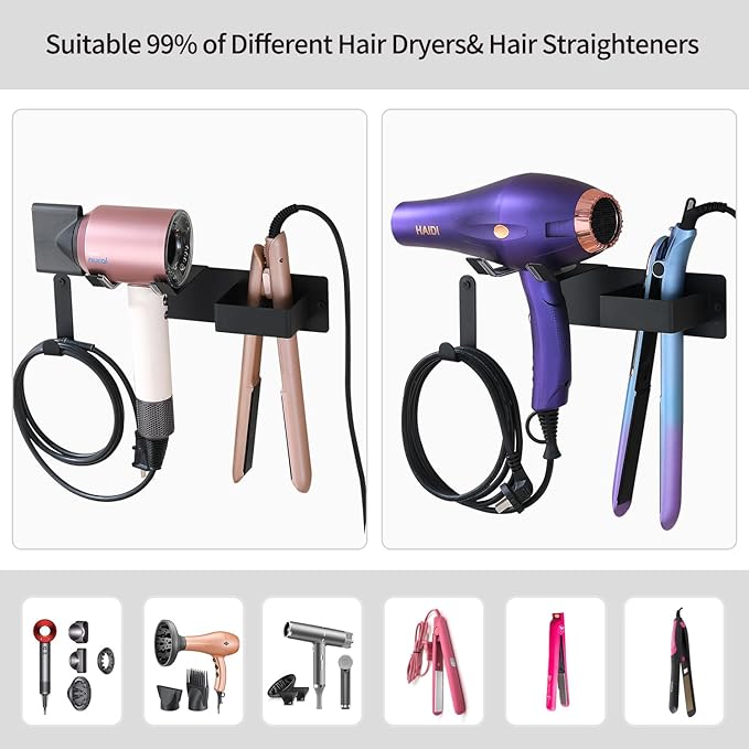 Hair Dryer Holder Wall Mounted, Stainless Steel Blow Dryer Holder for Bathroom, Hair Dryer and Straightener Holder Adhesive or Drilling, Hair Tool Organizer for Salon Barber Shops Black BANJEKT