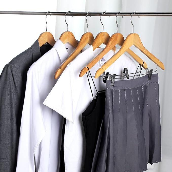 Sieral 30 Pack Wooden Pants Hangers with Clips Solid Wood Skirt Suit Coat Hangers with 2 Adjustable Clips 360 Degree Swivel Hook for Trousers Jeans Slacks Shorts Bottom, 14 Inch(Natural,Classic)