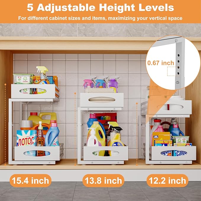 Under Sink Organizer, 2 Tier Under Sink Organizers and Storage, Adjustable Height, Slide out Metal Cabinet Organizers, Pull out Cabinet Storage Drawer Shelf for Kitchen Bathroom 2Pack